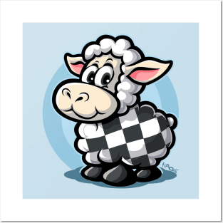 checkered pattern racing flag cartoon sheep Posters and Art